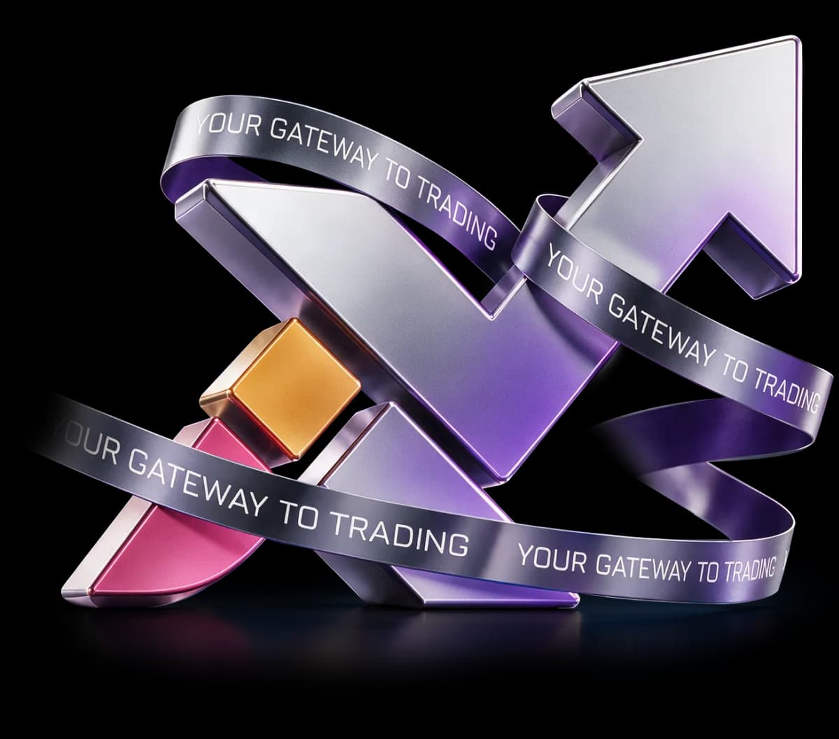 Inveslo arrow logo wrapped in a ribbon reading 'Your gateway to trading'
