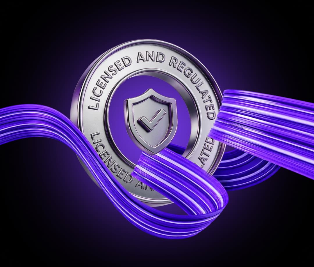 Silver 'Licensed and Regulated' shield medallion wrapped in violet ribbons