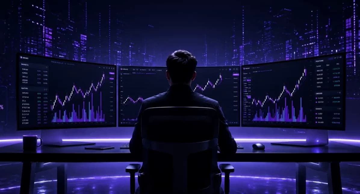 Trader at a desk facing three monitors showing live price charts